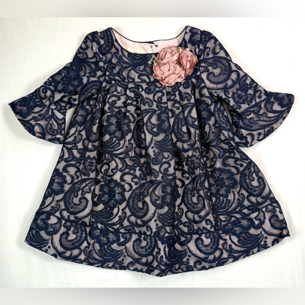 LAURA ASHLEY Baby Girl Bell Sleeve Paisley Overlay Rosette Dress 2T Navy Luxury
